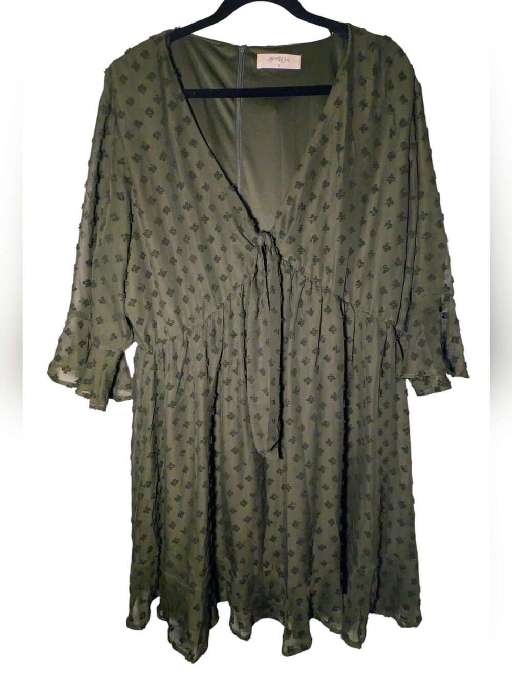 A Beautiful Soul Olive Green Swiss Dot Tie Front Dress Size B 18 20 2X EUC